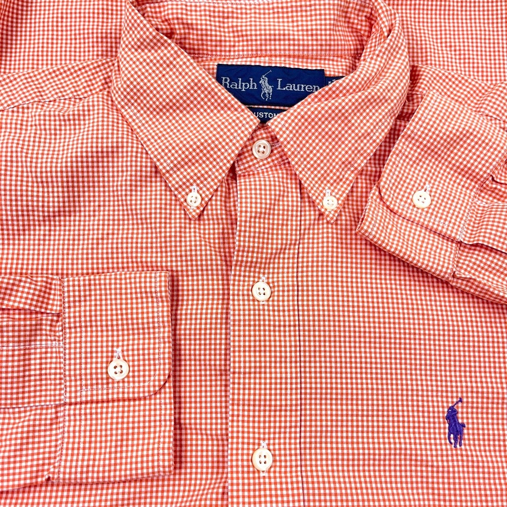 Ralph Lauren Shirt Men‎ Medium Orange Button Up Custom Fit Gingham Poplin Dress